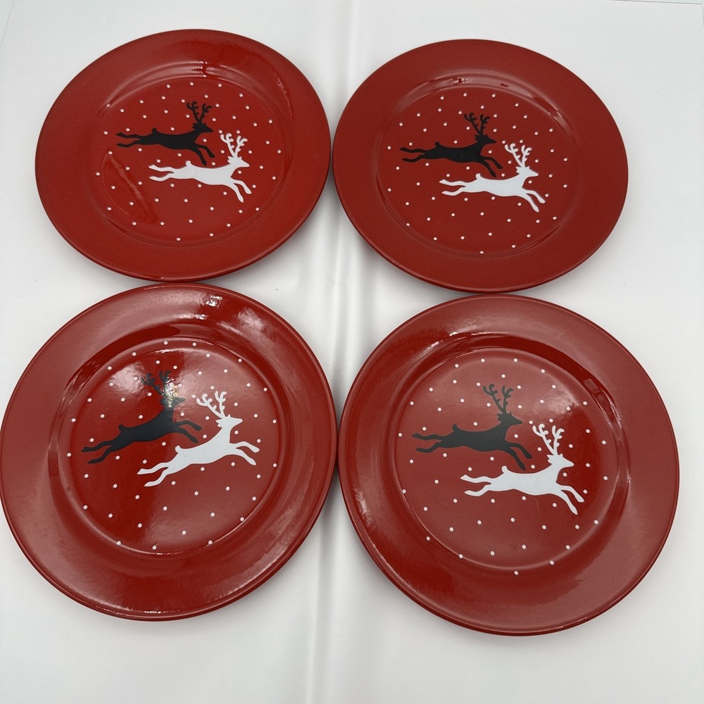 4- Waechtersbach 8.25" Salad Red Plates Germany festive leaping deer Christmas